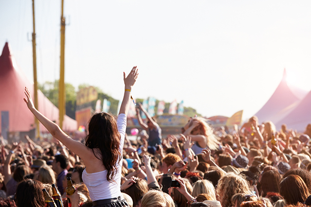 Photograph of a crowded festival audience, outdoors and the sun is shining.