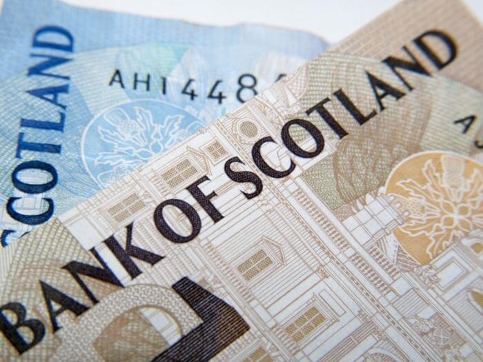 Close up of bank notes from the Royal Bank of Scotland.